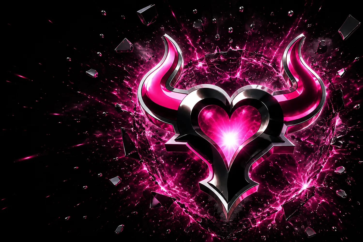 The horned heart breaking through glass in a burst of magenta light