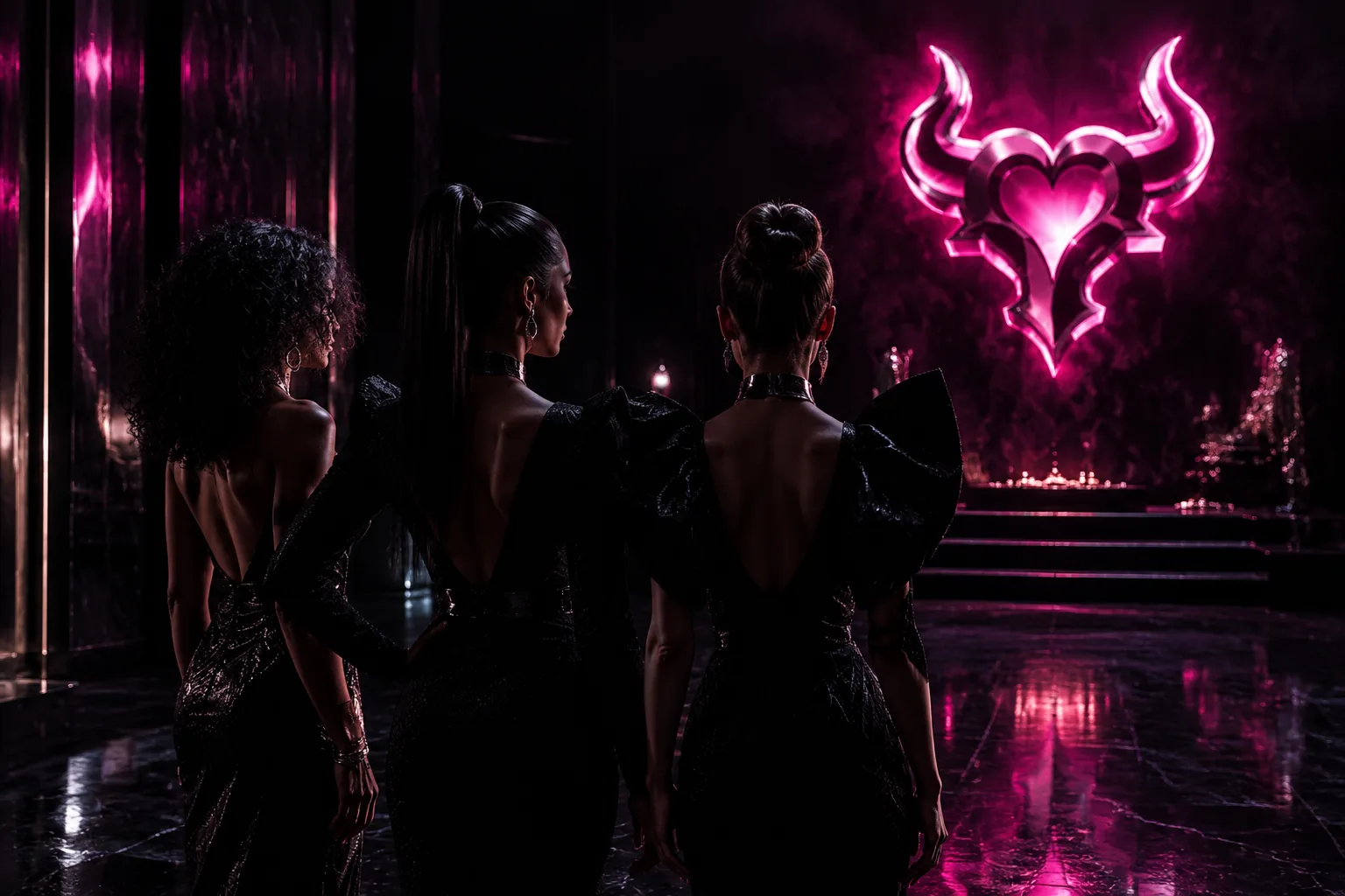 Three women in black gathered beneath a glowing horned heart in a dark hall